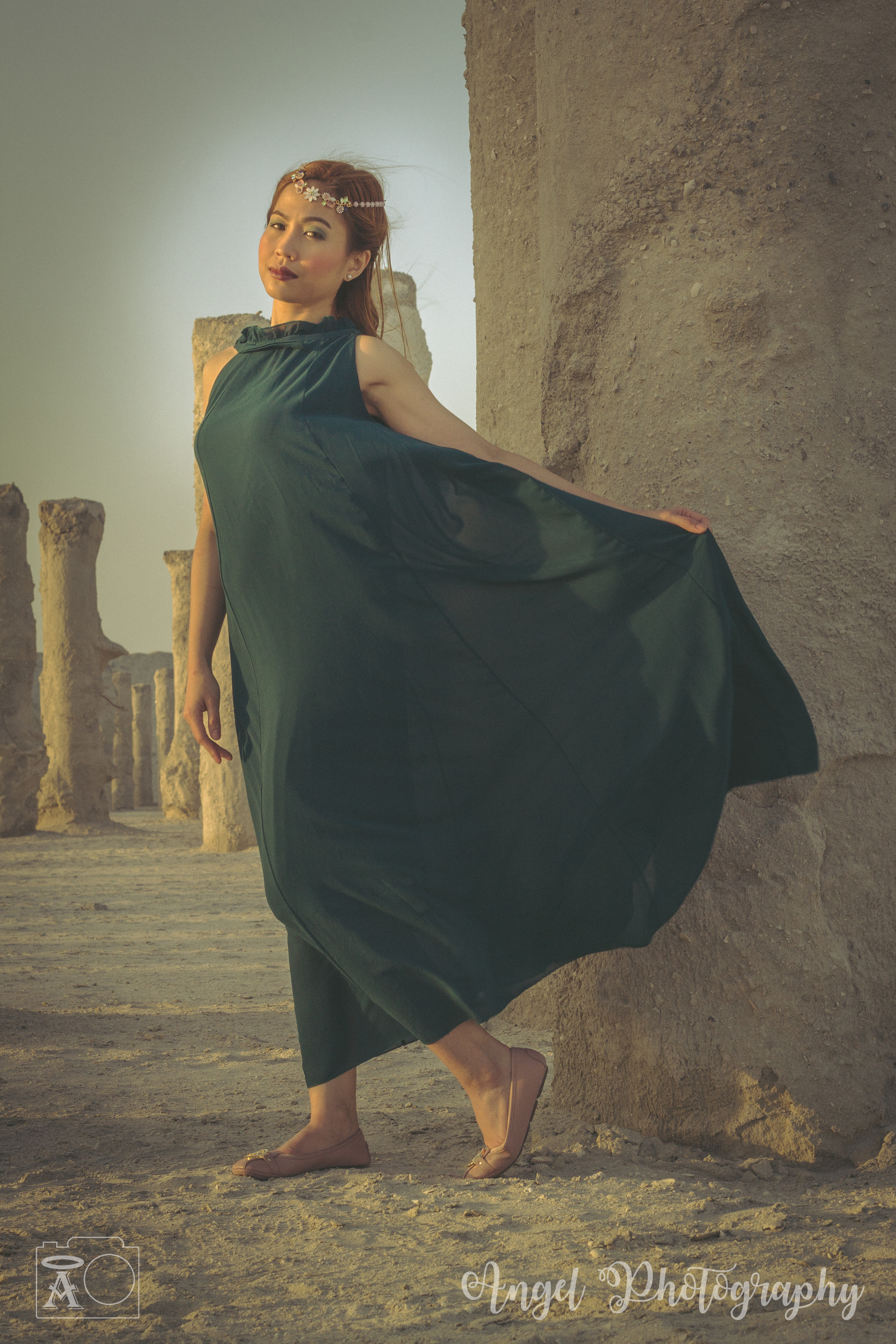 The Ruins Dubai, Bohemian, Boho Beach, Green Chiffon Maxi Dress, Jumeirah open beach, Fashion Photography, Lady Portraits, Asian Model