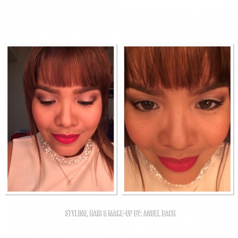 Smokey Eye Shimmery, Thick Eyebrows, bangs, peachy look, edgy look, red lipstick, date night look,